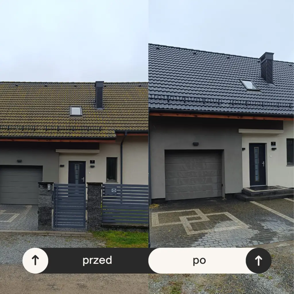 mycie ciśnieniowe dachy trójmiasto. Na zdjęciu widać efekt przed i po myciu