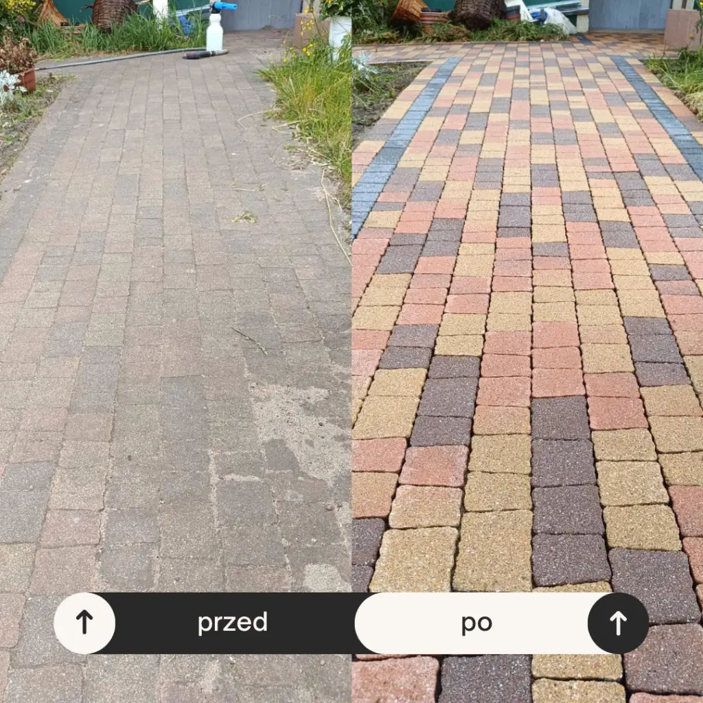 mycie ciśnieniowe kostki brukowej w Rumii. Efekt przed i po myciu