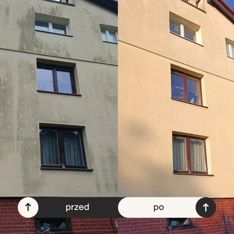 Profesjonalne czyszczenie elewacji bloku w Pucku – zdjęcie przed i po usunięciu zielonego nalotu, glonów i zabrudzeń atmosferycznych z tynku.