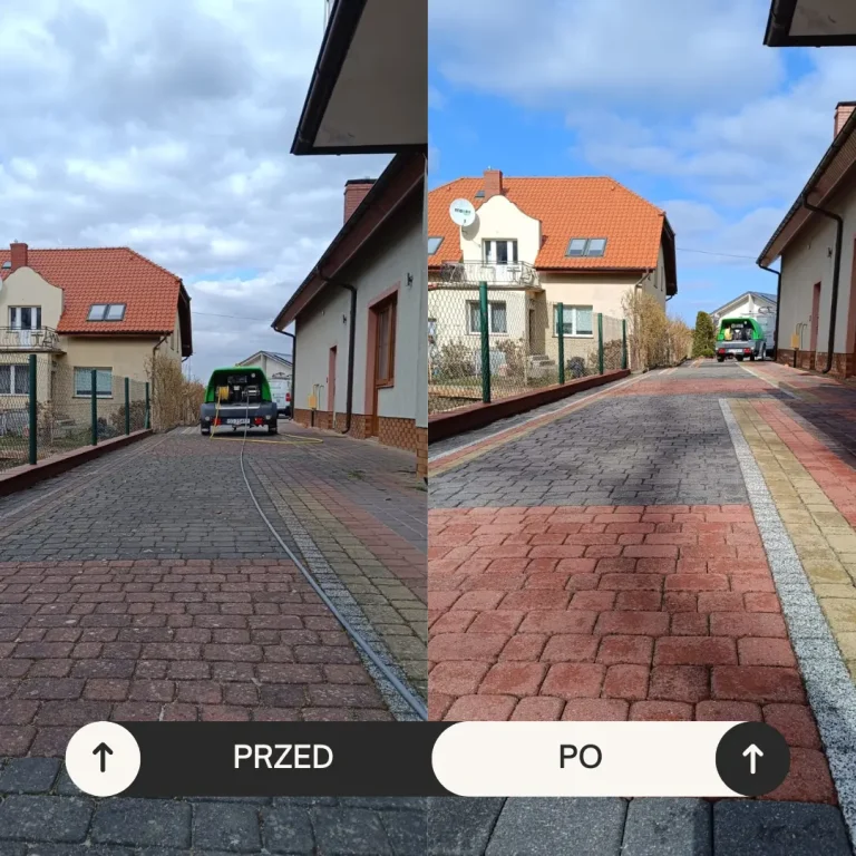 mycie kostki brukowej w Mechelinkach. Efekt przed i po myciu