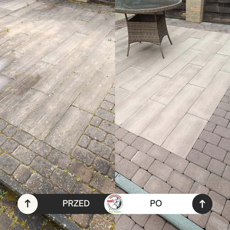 Mycie ciśnieniowe płytek ceramicznych i kostki brukowej w miejscowości Mosty, ul. Konwaliowa – porównanie przed i po czyszczeniu.
